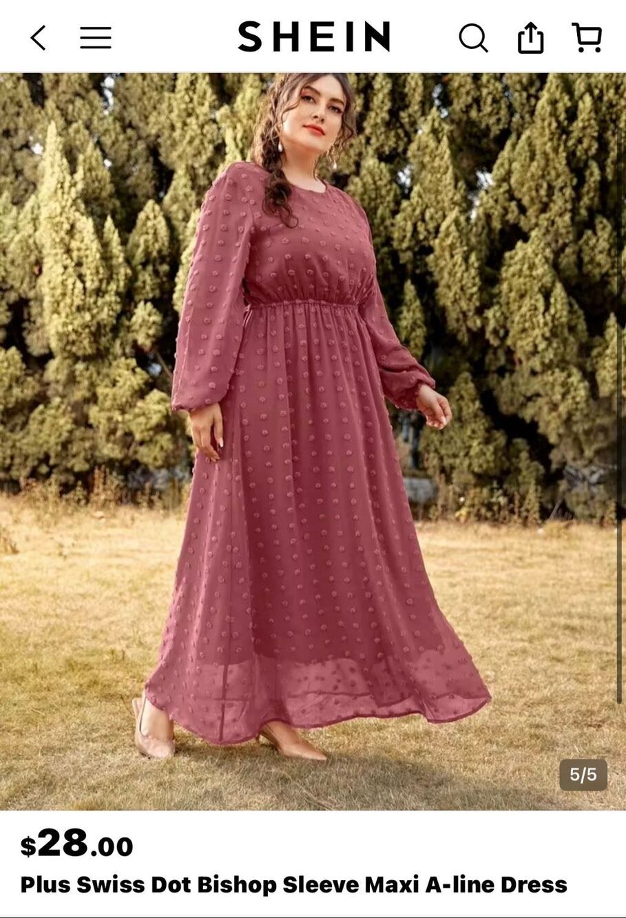 SHEIN Curve Dusty Rose Swiss Dot Bishop Sleeve Maxi A-Line Women's Dress Size 2X
